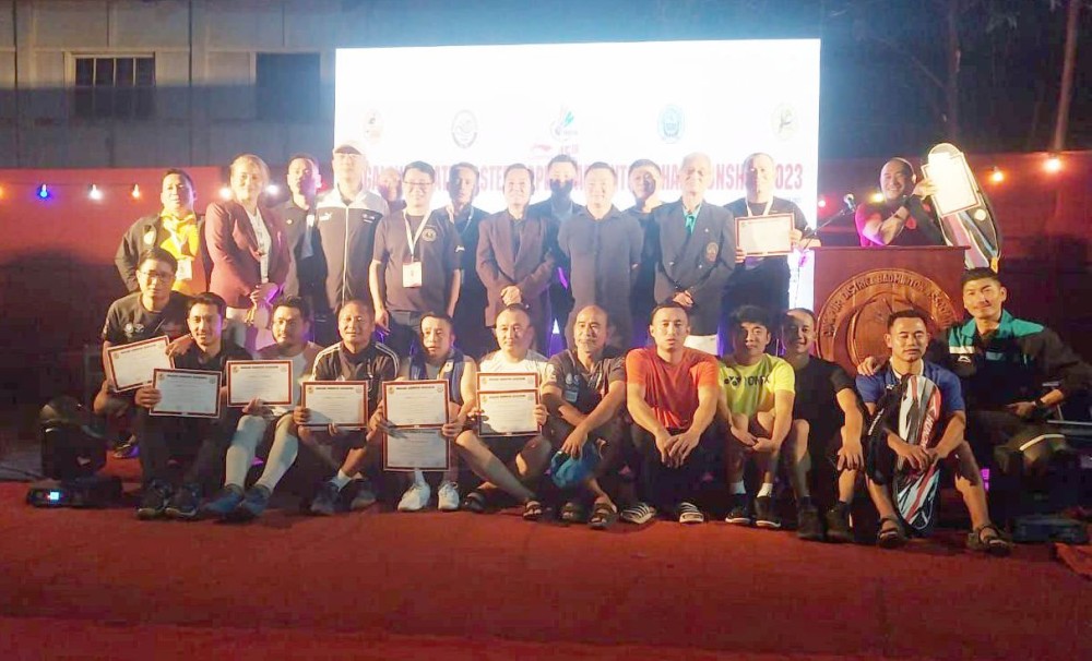 Winners of the 45th Nagaland State Masters Open Badminton Championship 2023 with organizers on Saturday. (Morung Photo)